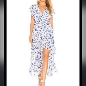 Misa Los Angeles "Thesa" Cottagecore Blue and White Floral True Wrap Dress